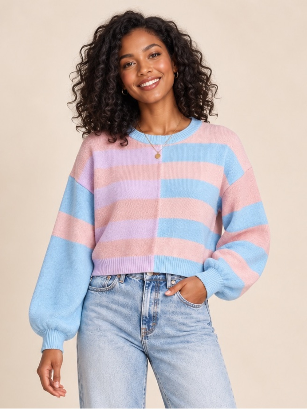 Altar'd State Pastel Pink & Light Blue Striped Cropped Sweater